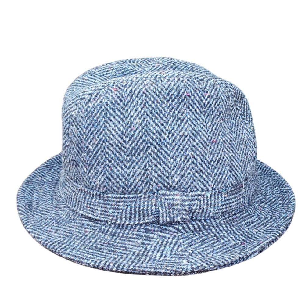 Vintage Wool Tweed Herringbone Black Blue Gray Fedora Hat Sz M Outdoorsy Winter